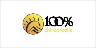 Logo of 100% Chiropractic with a yellow sun and mountain emblem