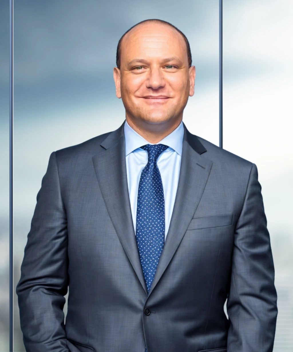 Attorney Aaron Marks in a grey suit and blue polka dot tie