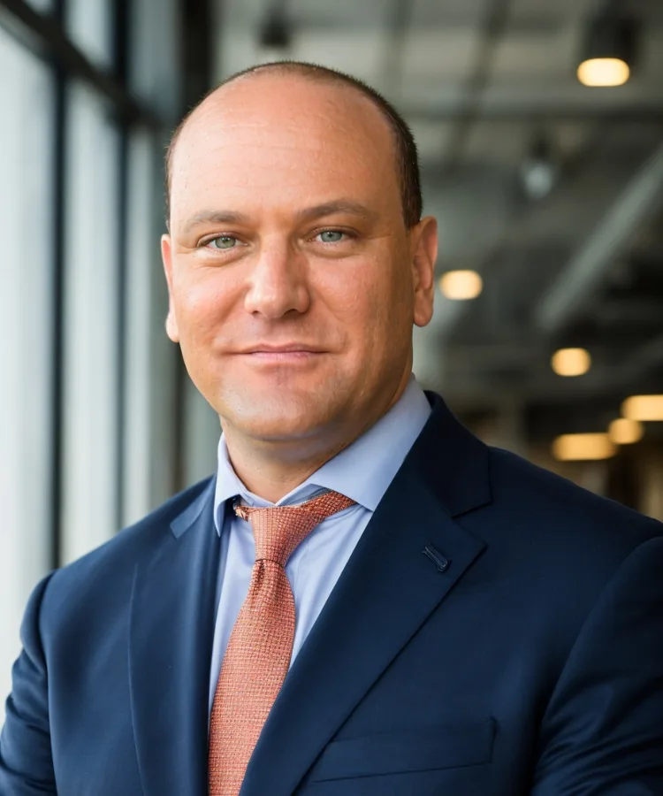 Attorney Aaron Marks in a navy suit and orange tie, standing in an office