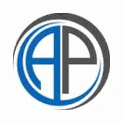 A blue circular monogram logo with the letters A and P