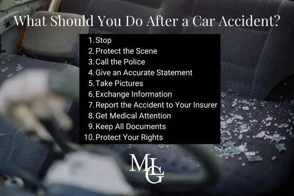 Shattered glass in a car interior behind the list What Should You Do After a Car Accident?