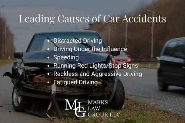 Wrecked dark car on a roadside captioned with the leading causes of car accidents