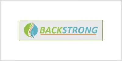 Logo reading "BACKSTRONG" with a green and blue spine symbol