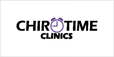 Chiro Time Clinics logo with a purple alarm clock in place of the letter O