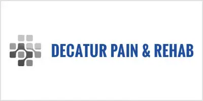 Logo reading Decatur Pain & Rehab with a grey and blue block symbol