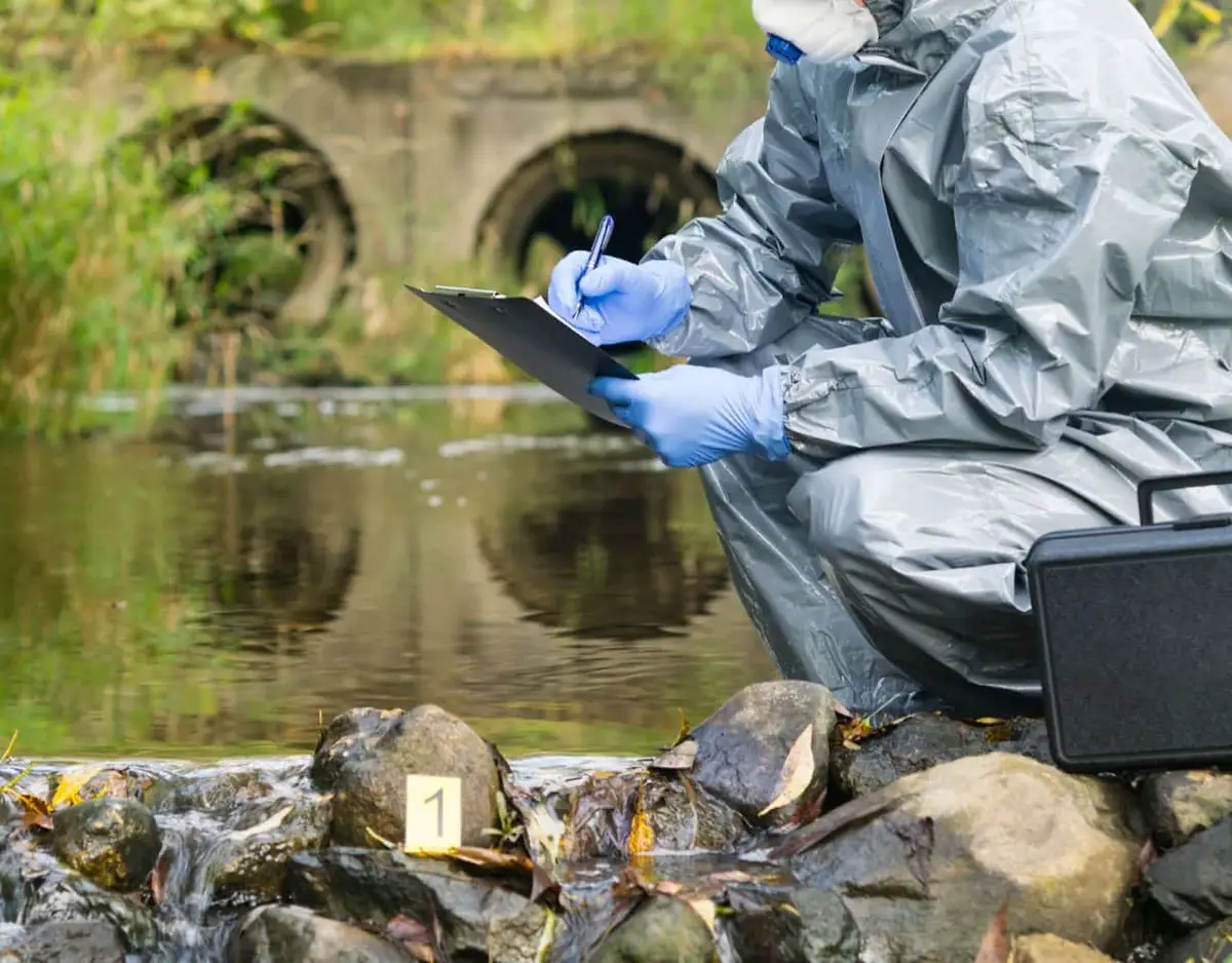 man in protective gray suit taking notes and samples near a stream