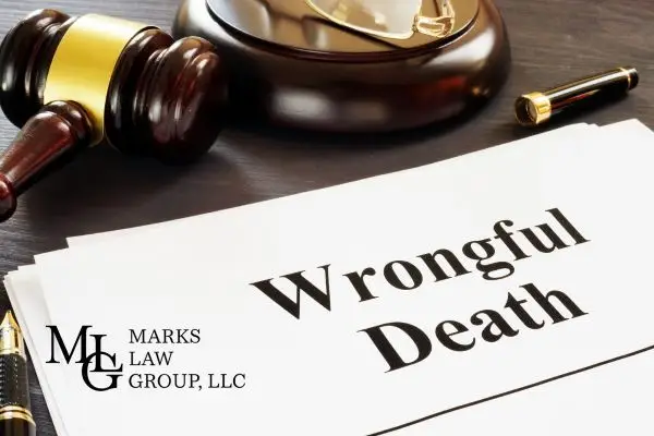 Court papers titled Wrongful Death next to a gavel and a pen