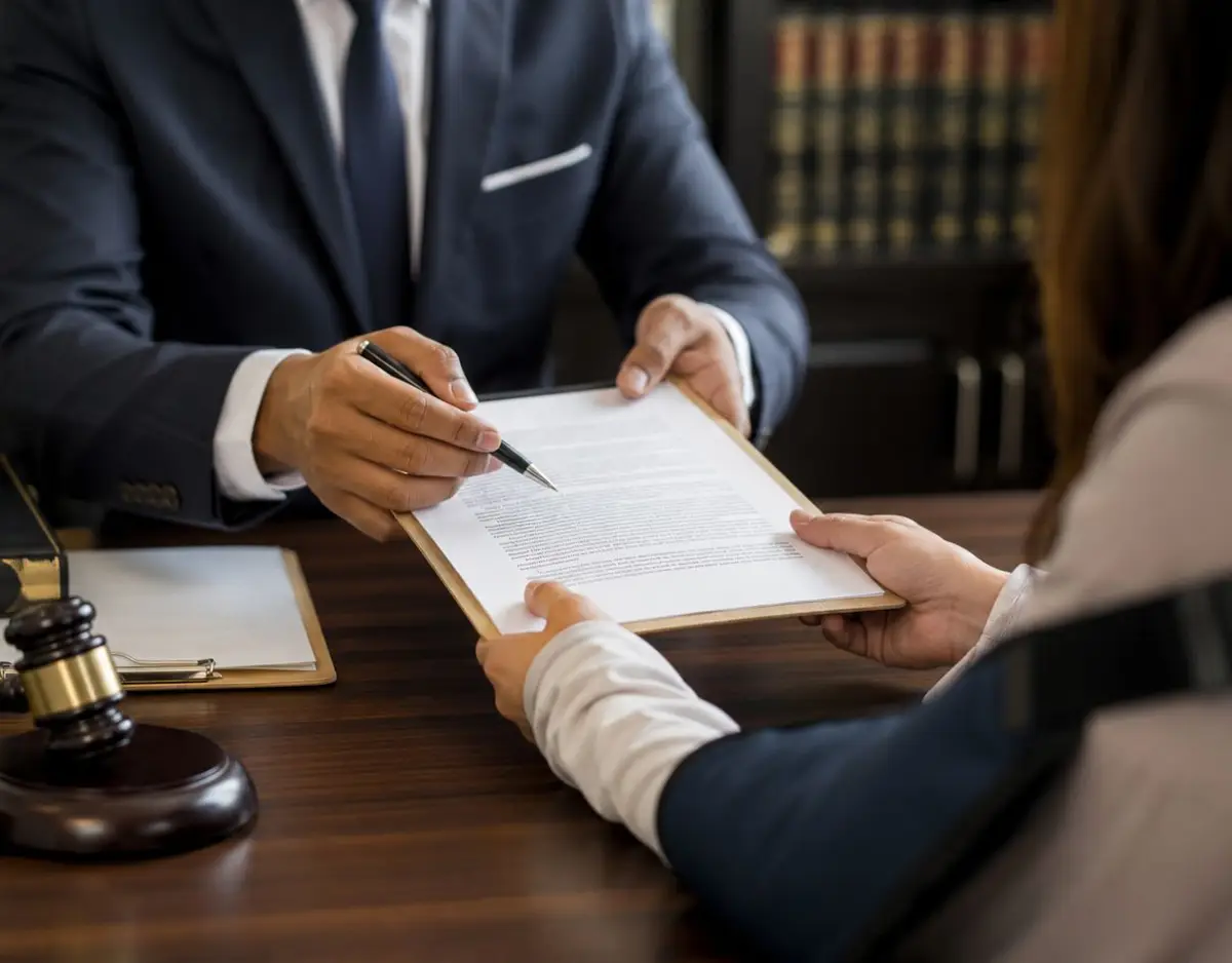 Attorney reviewing personal injury claim documents with a client during a legal consultation.