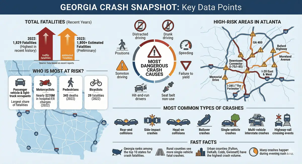 Map of Georgia with key facts regarding car accident statistics in Atlanta and surrounding areas