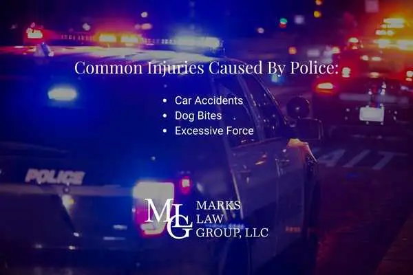 A police car with flashing lights, captioned Common Injuries Caused By Police: car accidents, dog bites, excessive force