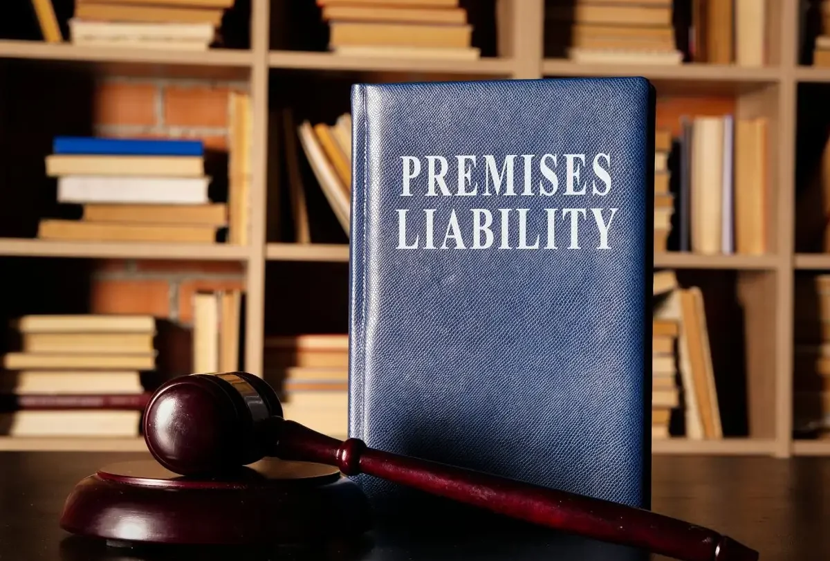 Blue book titled Premises Liability with a gavel in front of a bookshelf
