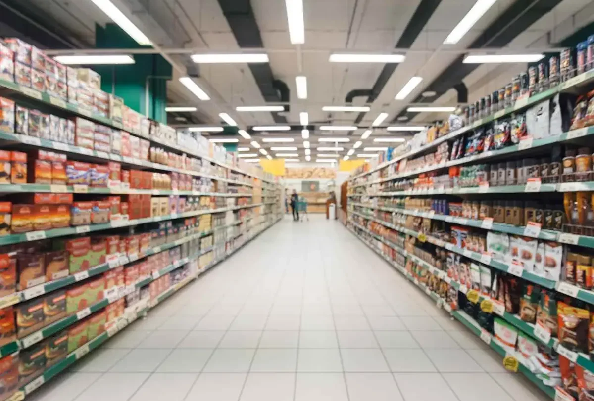 Long supermarket aisle lined with stocked shelves under bright ceiling lights