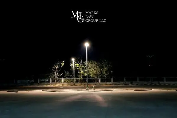 an empty parking lot at night