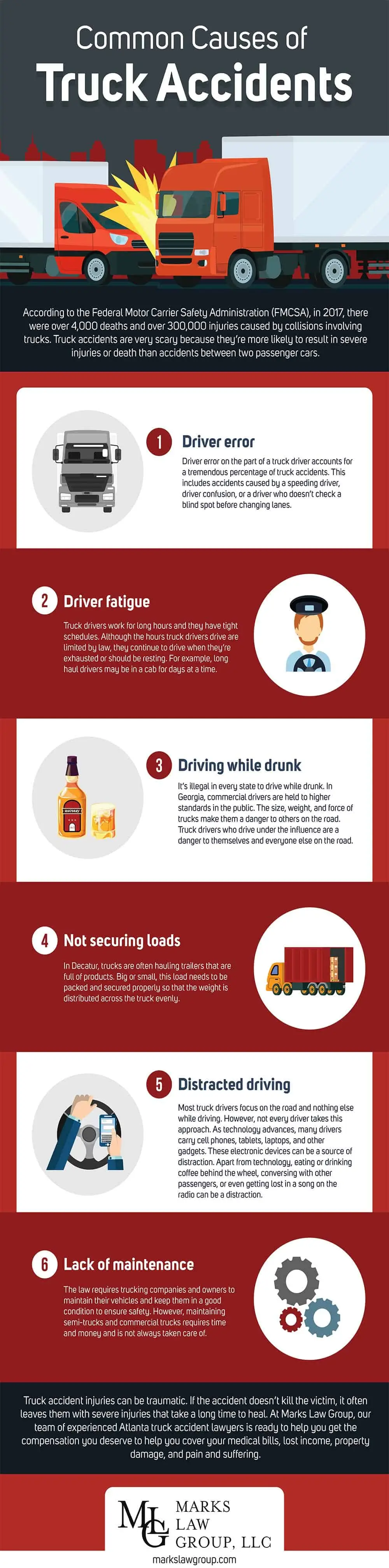 infographic titled "Common Causes of Truck Accidents" with six numbered causes