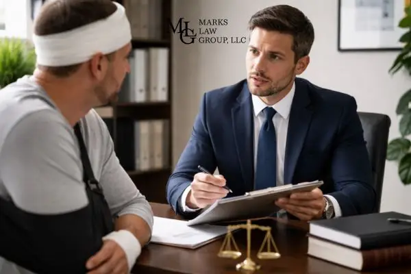 Personal injury lawyer consulting with an injured client in an office setting