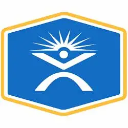 Hexagonal blue and yellow logo with a sunburst figure
