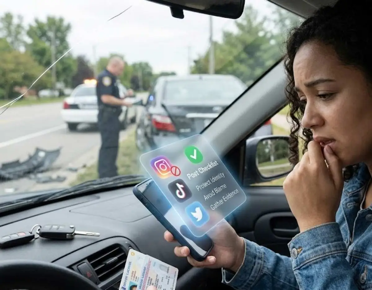 A worried woman in a car holds a smartphone displaying a social media checklist after an accident.