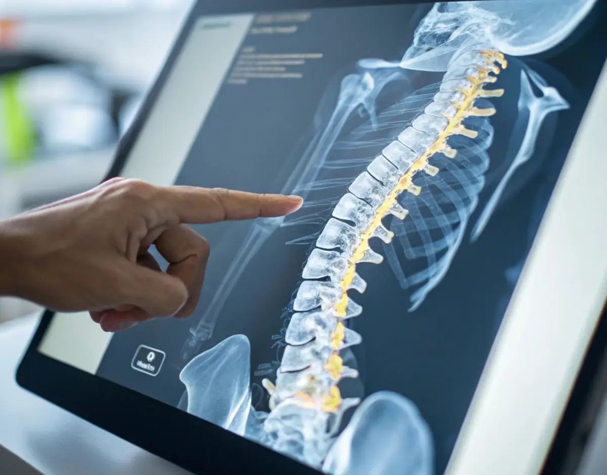 finger pointing at a spine x-ray displayed on a touchscreen monitor