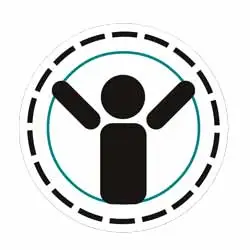 Round logo of a stick figure with raised arms inside a dashed ring