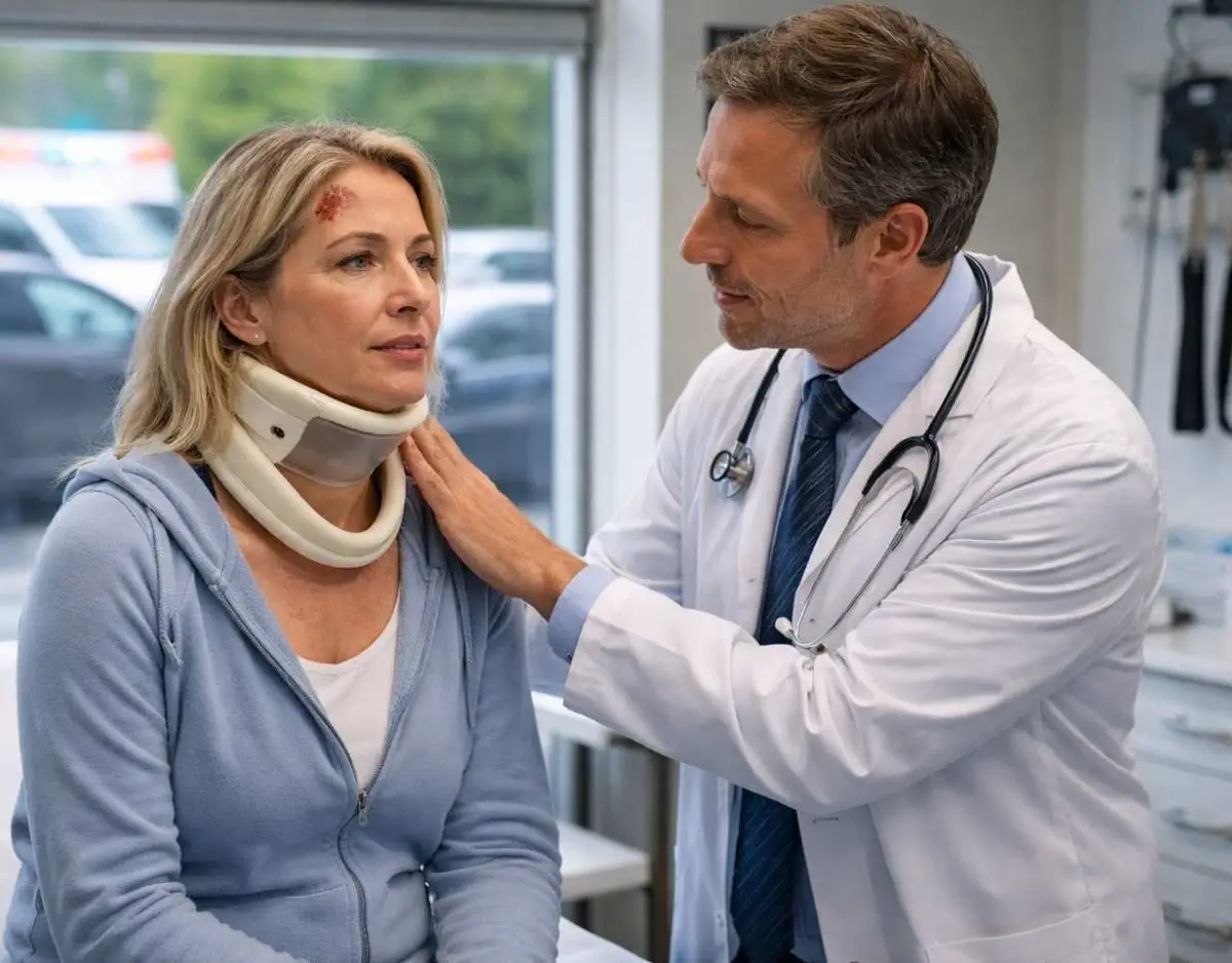 Patient wearing a neck brace being examined by a doctor